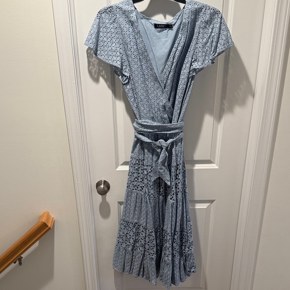 Lauren Ralph Lauren Light Blue Broderie Anglaise Wrap Maxi Dress